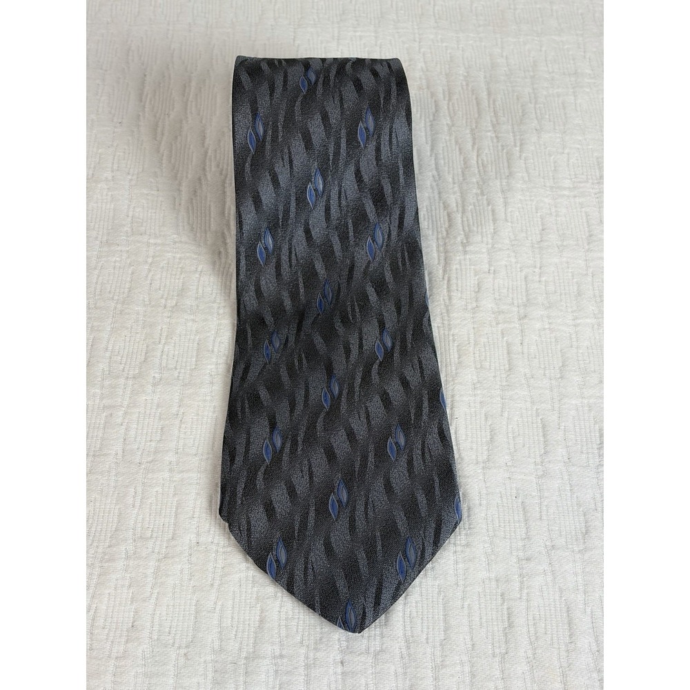 David Taylor Polyester Tie Charcoal Gray With Blue Geometric Pattern, Made USA